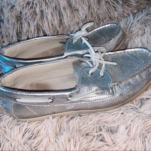 silver boat shoes